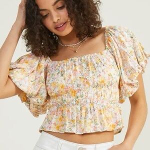 Altar’d State Floral Puff Sleeve Smocked Peplum Top XS Square Neck
